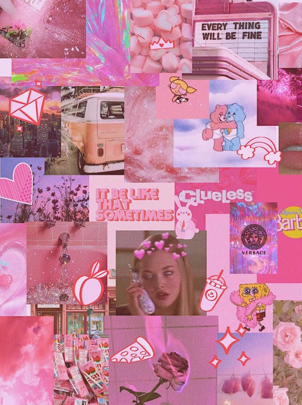 Pink Phone 桌布 壁紙 — 一個充滿活力的粉紅色拼貼畫，包含流行文化圖標、卡通角色和懷舊圖像，帶有閃亮質感和心形圖案。