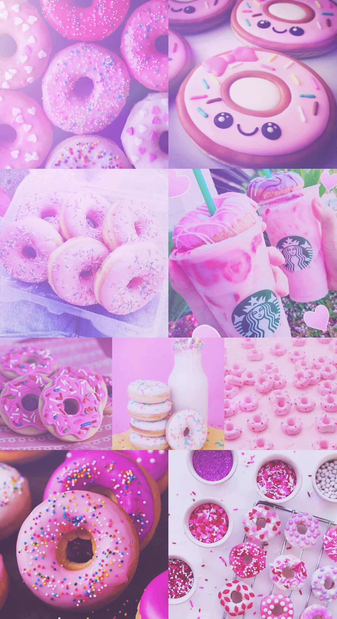 Cute Donut 桌布 壁紙 — 一個充滿活力的粉紅色拼貼畫，包含甜甜圈、飲料和彩色糖粒，帶有可愛的卡哇伊面孔和柔和色調。