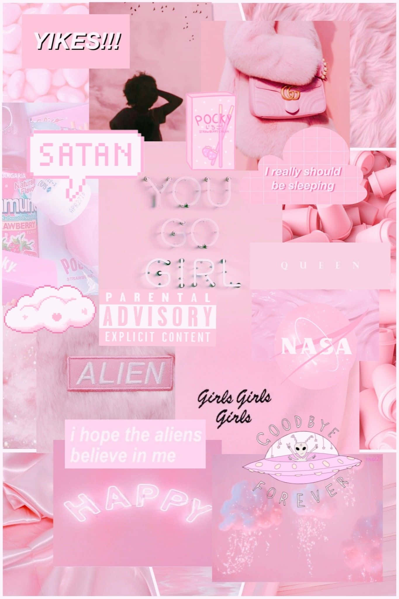 Pink Girly 桌布 壁紙 — 一個充滿活力的粉紅色拼貼畫，帶有文字疊加，如「YIKES!!!」「SATAN」和「QUEEN」，以及毛絨袋、糖果和剪影在粉紅色背景上的圖像。