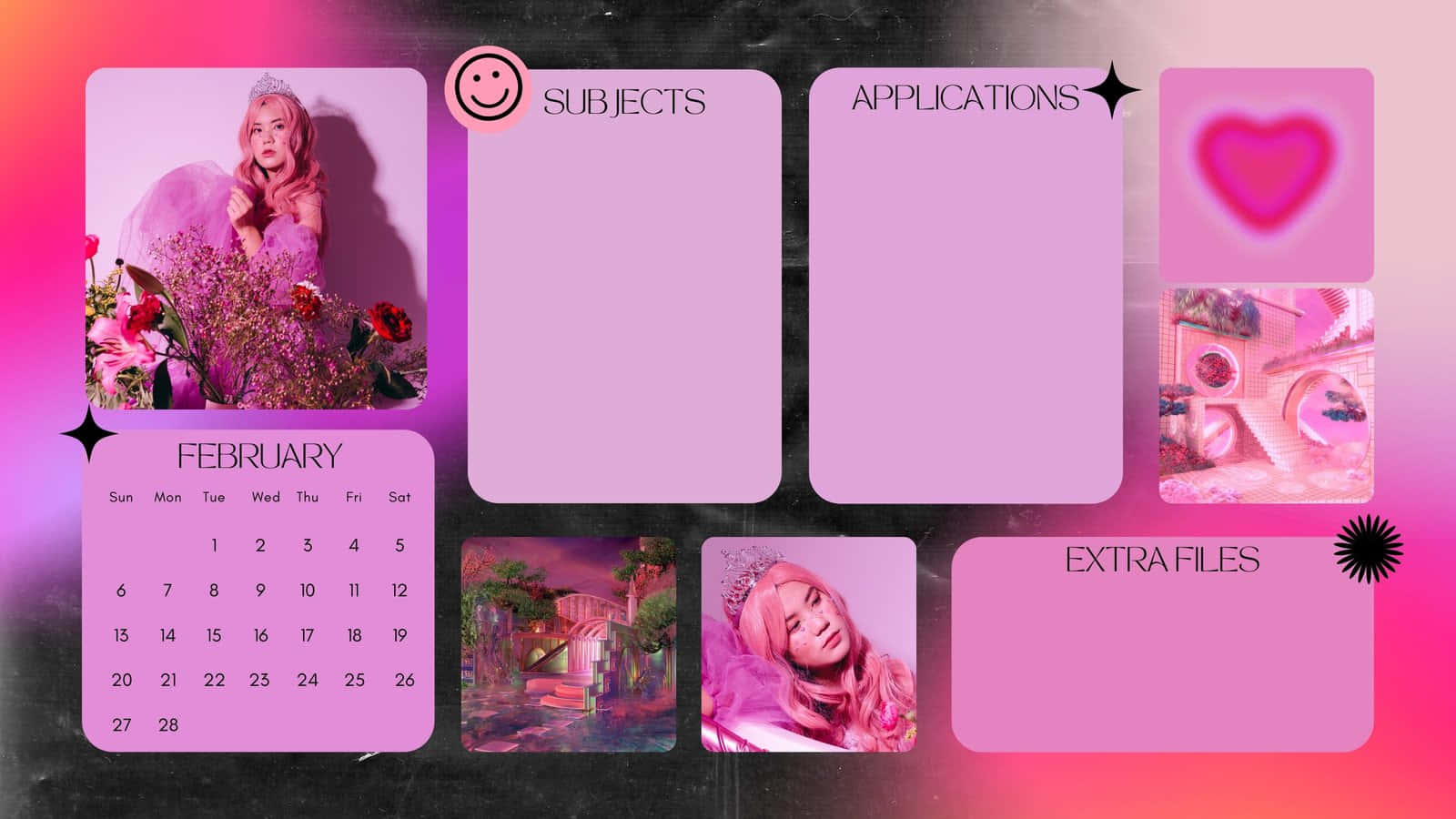 Desktop Pink Aesthetic 桌布 壁紙 — 一個充滿活力的粉紅色數位規劃版面，包含日曆、奇幻場景和一位戴著頭飾、被鮮花環繞的女性。