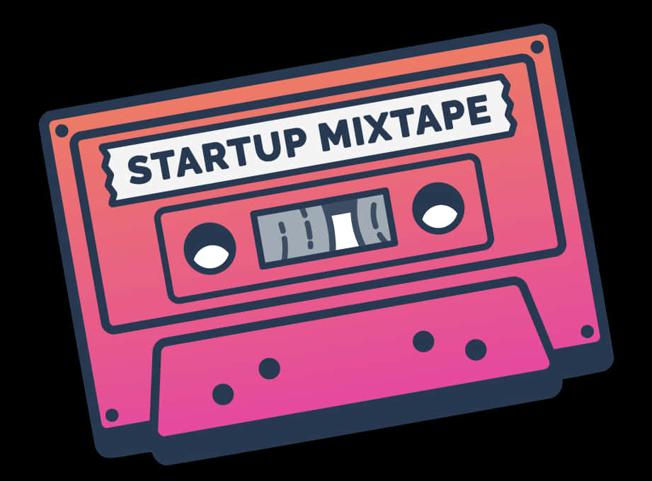 Mixtape 桌布 壁紙 — 一個充滿活力的粉紅色漸變卡式錄音帶，上面有粗體黑色文字 startup mixtape，背景為純黑色。