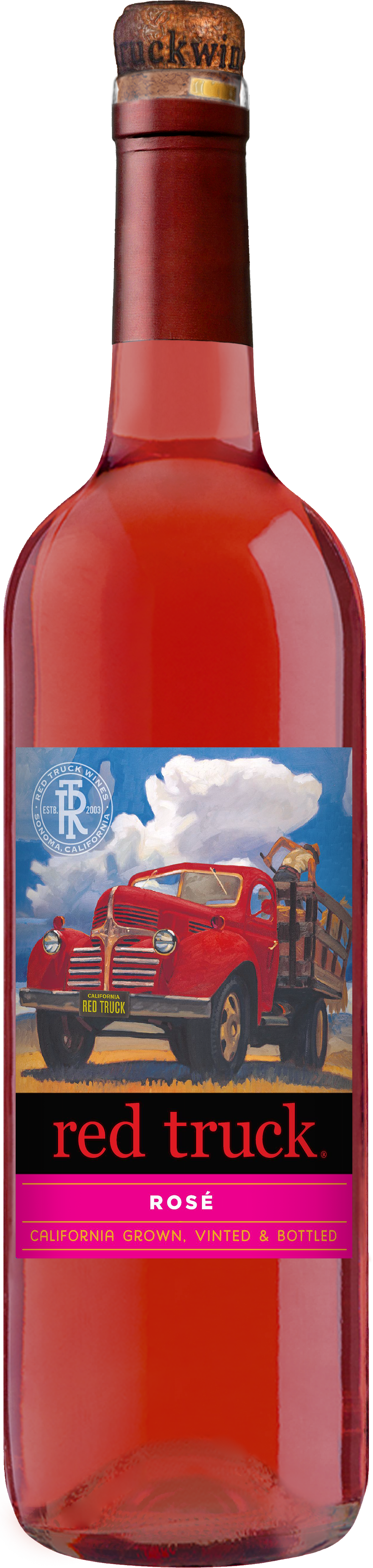Wine Bottle 桌布 壁紙 — 一個充滿活力的粉紅色玫瑰酒瓶，標籤上帶有復古紅色卡車插圖，背景是藍天白雲。