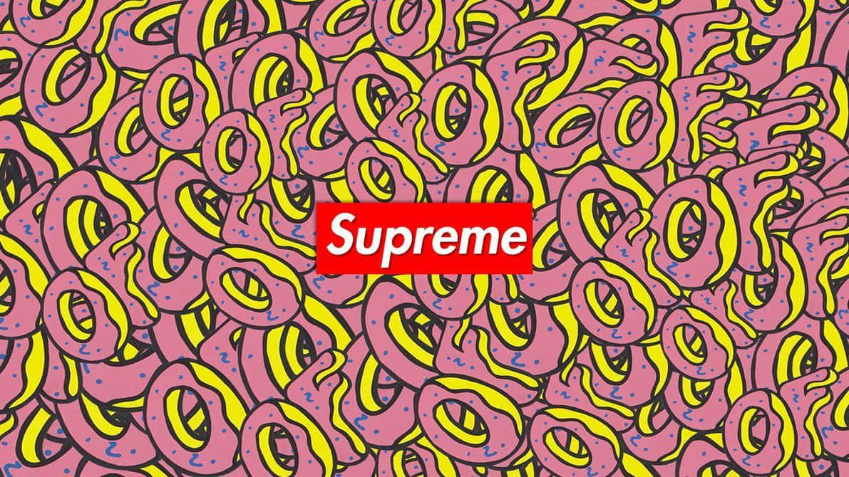 supreme 桌布 壁紙 — 一個充滿活力的粉紅色甜甜圈圖案，帶有黃色糖霜和藍色糖粒，背景上有一個紅色的Supreme標誌居中。