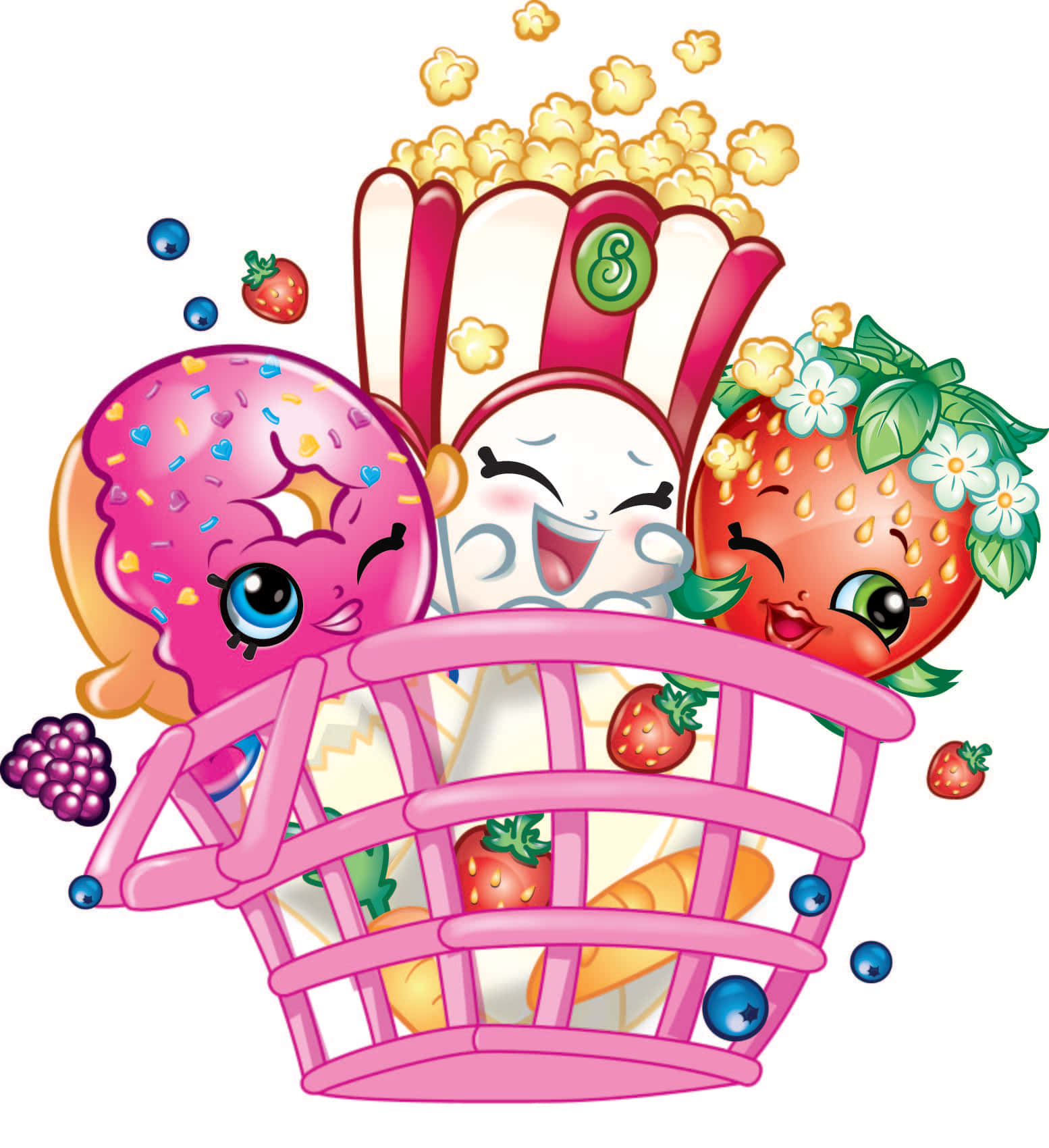Shopkins 桌布 壁紙 — 一個充滿活力的粉紅色籃子，裝滿了動畫糖果角色和爆米花，採用明亮的卡通風格。