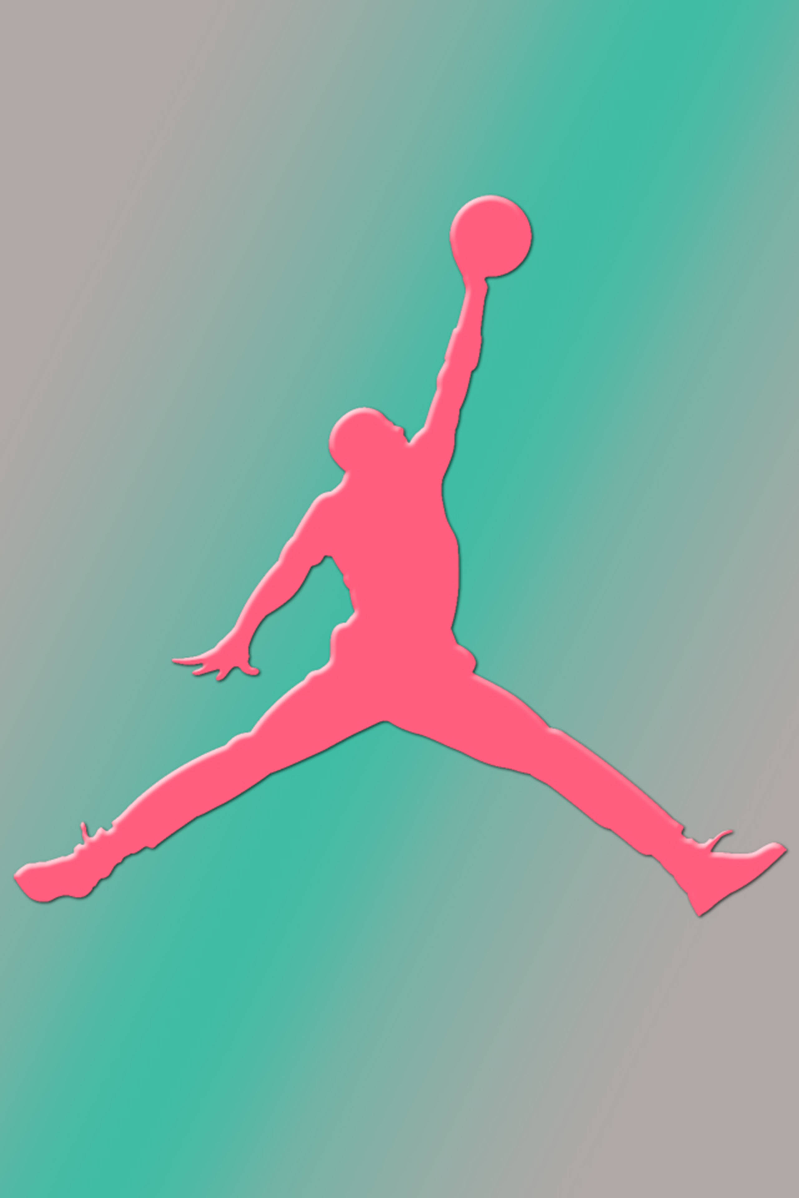 Air Jordan 桌布 壁紙 — 一個充滿活力的粉紅色籃球運動員剪影，在空中灌籃，背景是藍綠色和灰色的漸變。