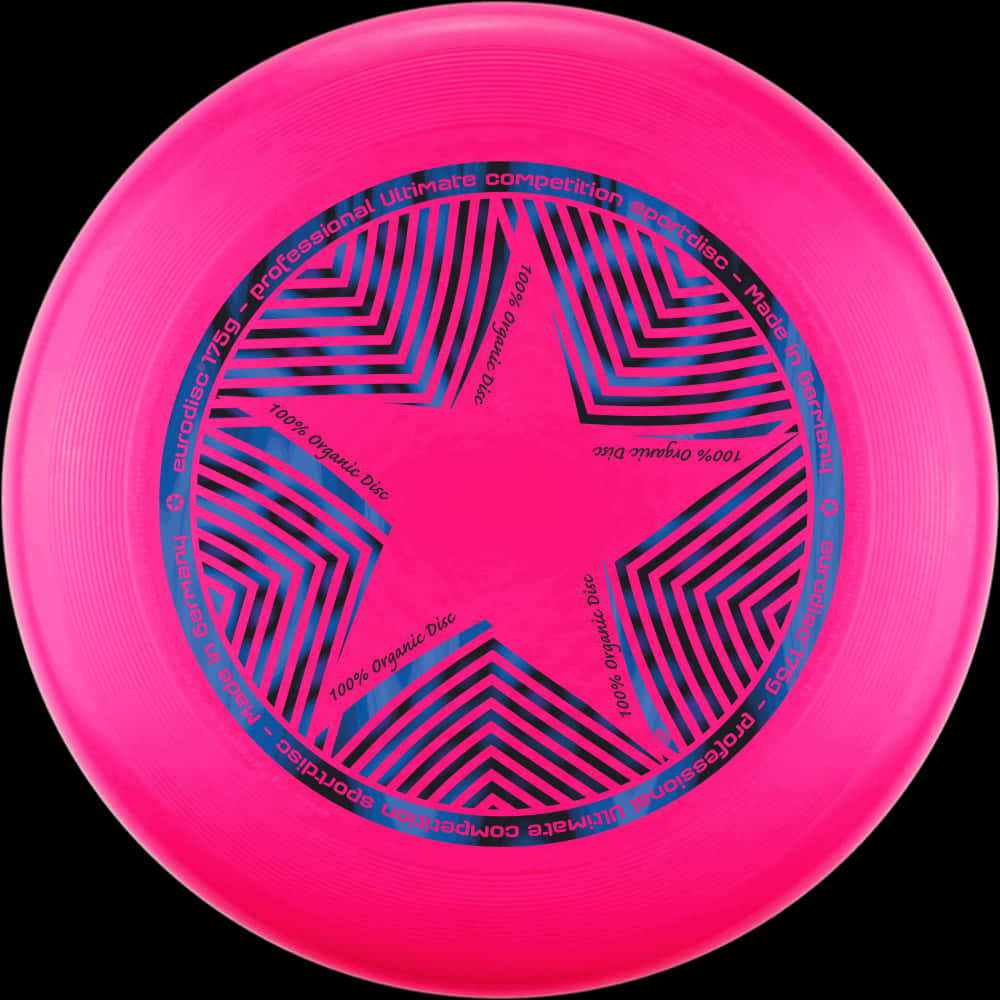 Disc Golf 桌布 壁紙 — 一個充滿活力的粉紅色終極飛盤，帶有醒目的藍色幾何星形圖案和文字，背景為黑色。