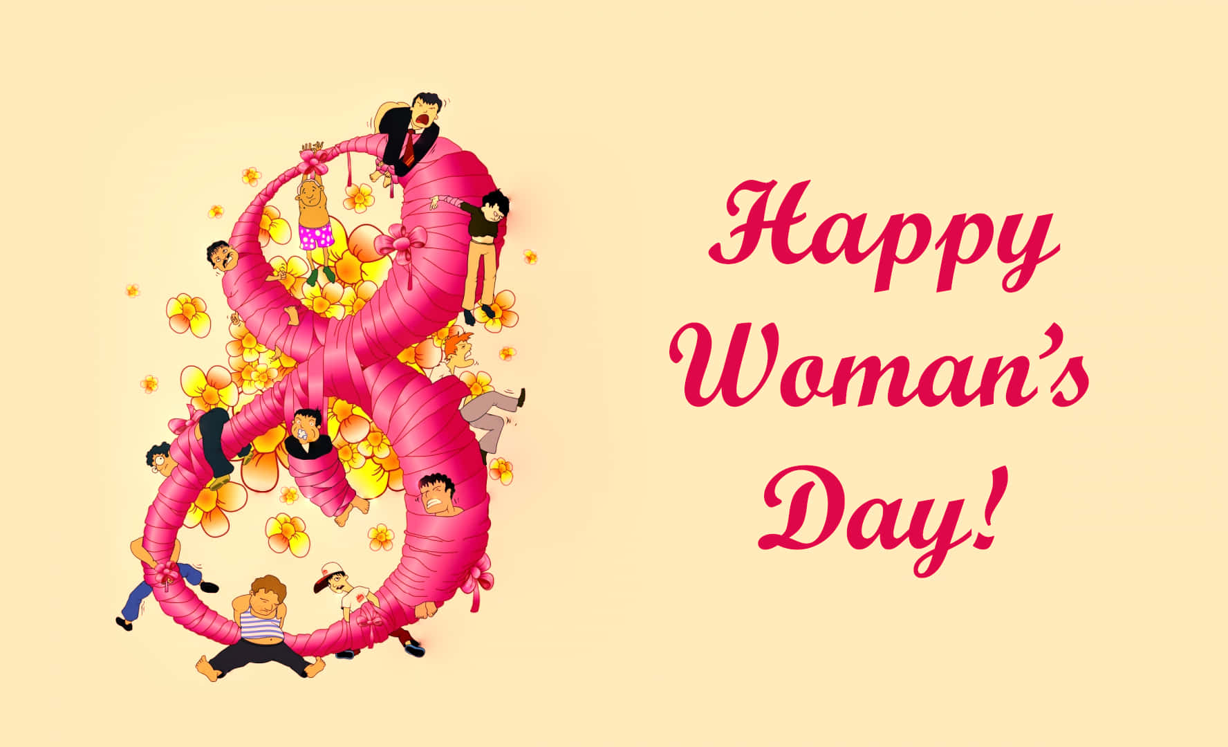womens day 桌布 壁紙 — 一個充滿活力的粉紅色絲帶，形狀像數字8，裝飾著卡通人物和黃色花朵，在柔和的奶油色背景上慶祝婦女節。