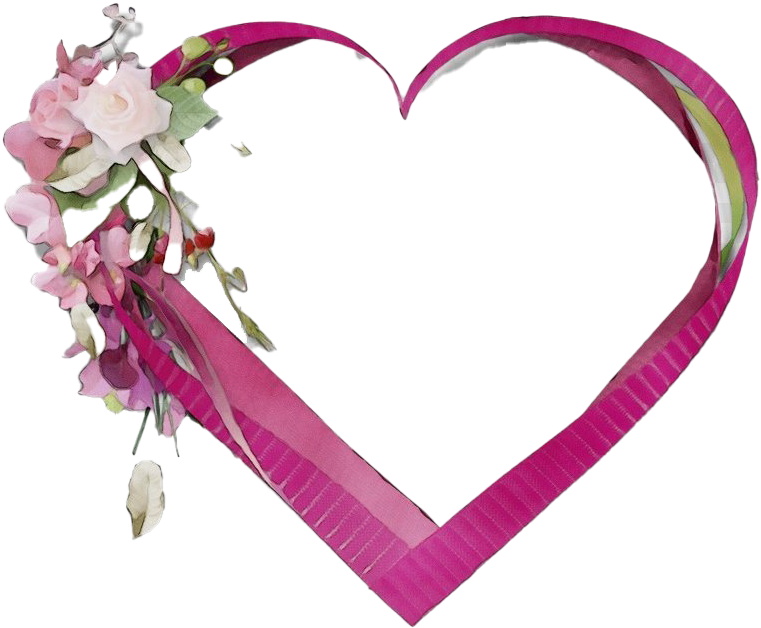Heart Frame 桌布 壁紙 — 一個充滿活力的粉紅色絲帶心形，飾以精緻的粉白色花朵和綠色葉子，襯托在純黑色背景上。