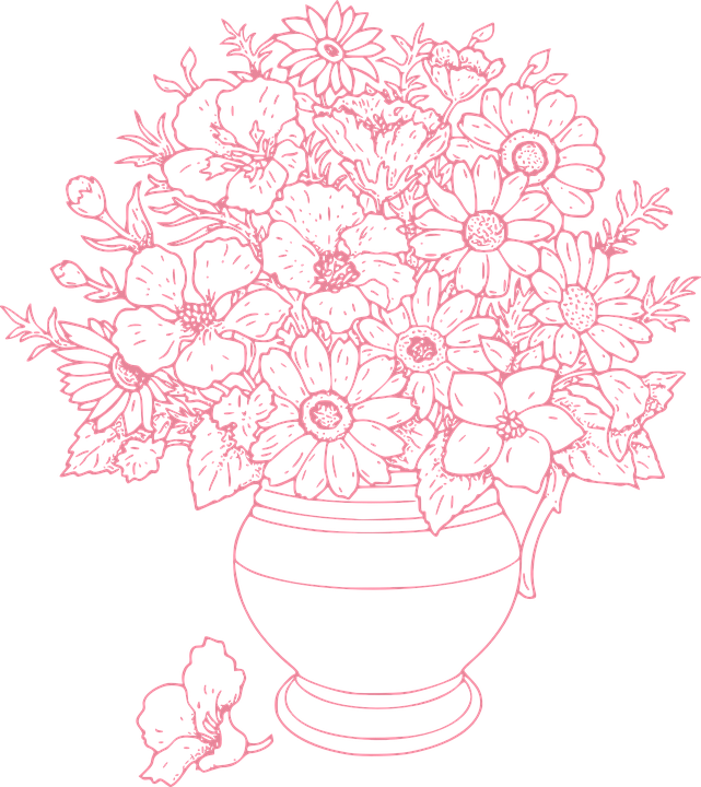 彩色動圖 桌布 壁紙 — 一個充滿活力的粉紅色線條藝術花束，包含雛菊和葉子，插在花瓶裡，背景是純黑色。