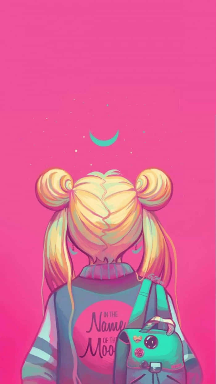 Sailor Moon iPad 桌布 壁紙 — 一個充滿活力的粉紅色背景，展示了一個金髮雙丸子頭的動漫女孩，頭頂有一彎新月。