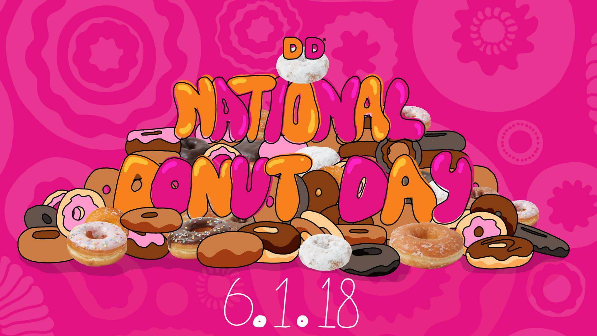 donuts 桌布 壁紙 — 一個充滿活力的粉紅色背景上，有一堆色彩繽紛的各式甜甜圈，拼成「National Donut Day」的字樣，下方有日期6.1.18。