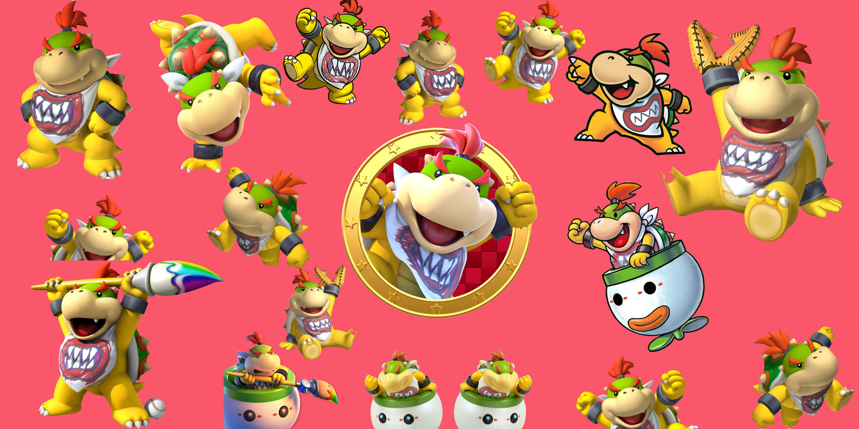 Bowser Jr 桌布 壁紙 — 一個充滿活力的粉紅色背景展示了多個以不同姿勢和服裝出現的開心卡通庫巴龜。