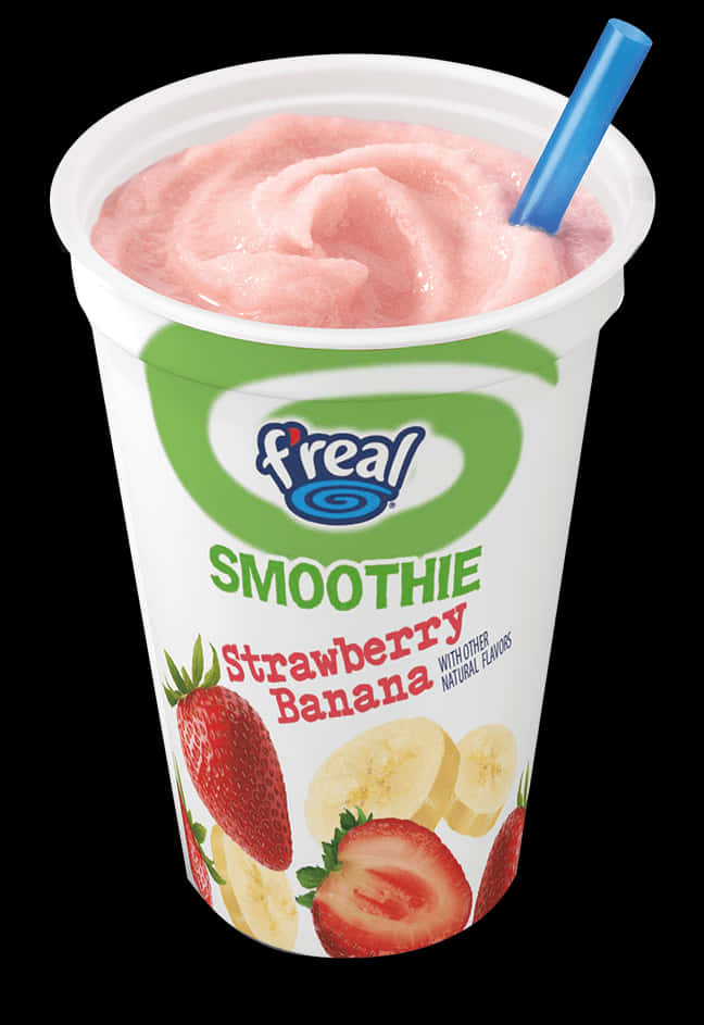 Smoothies 桌布 壁紙 — 一個充滿活力的粉紅色草莓香蕉奶昔，放在有品牌的杯子裡，配上一根藍色吸管，背景為黑色。