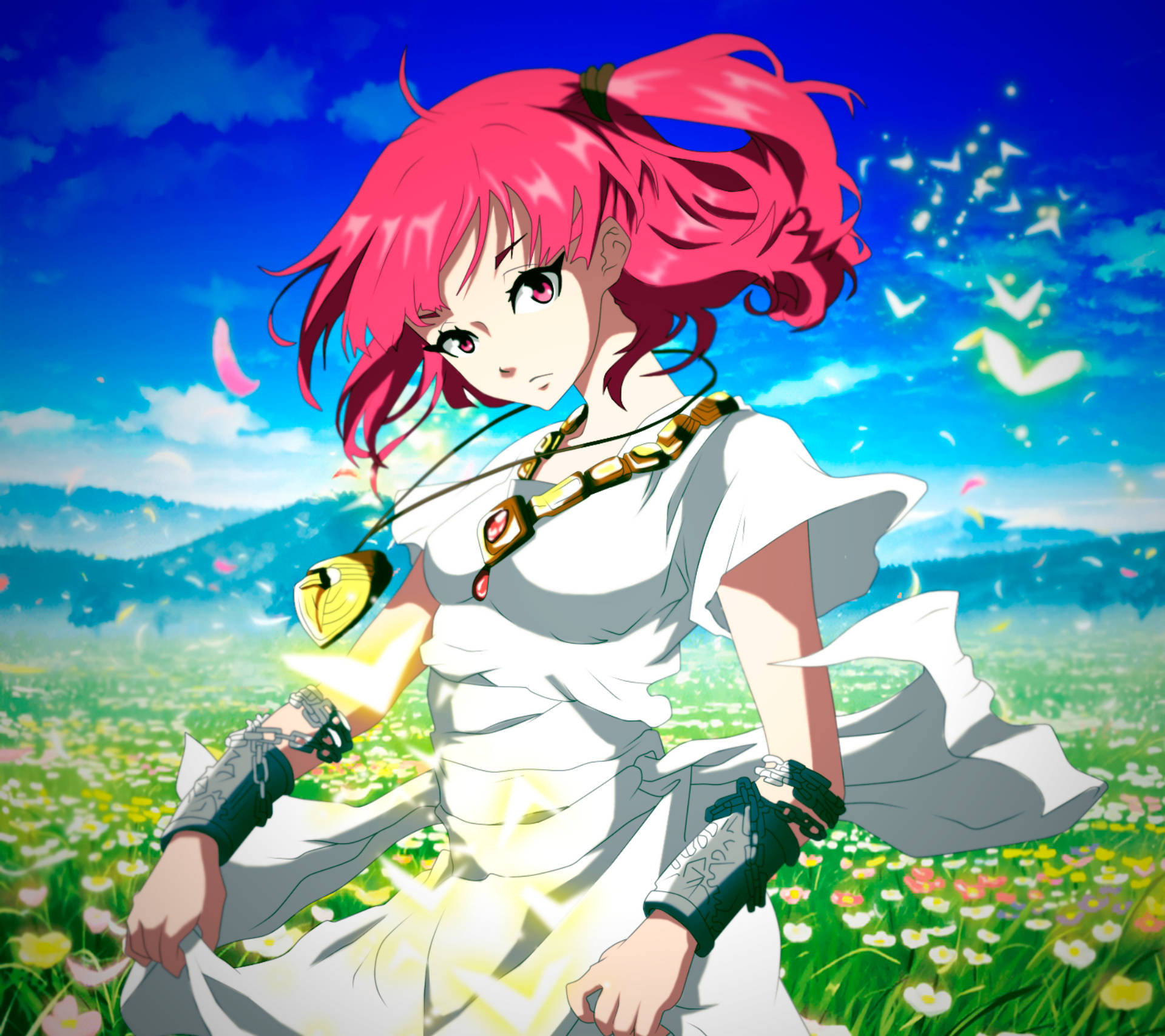 Labyrinth 桌布 壁紙 — 一個充滿活力的粉紅色頭髮動漫女孩站在陽光明媚的野花田裡，頭頂是明亮的藍天，蝴蝶翩翩飛舞。