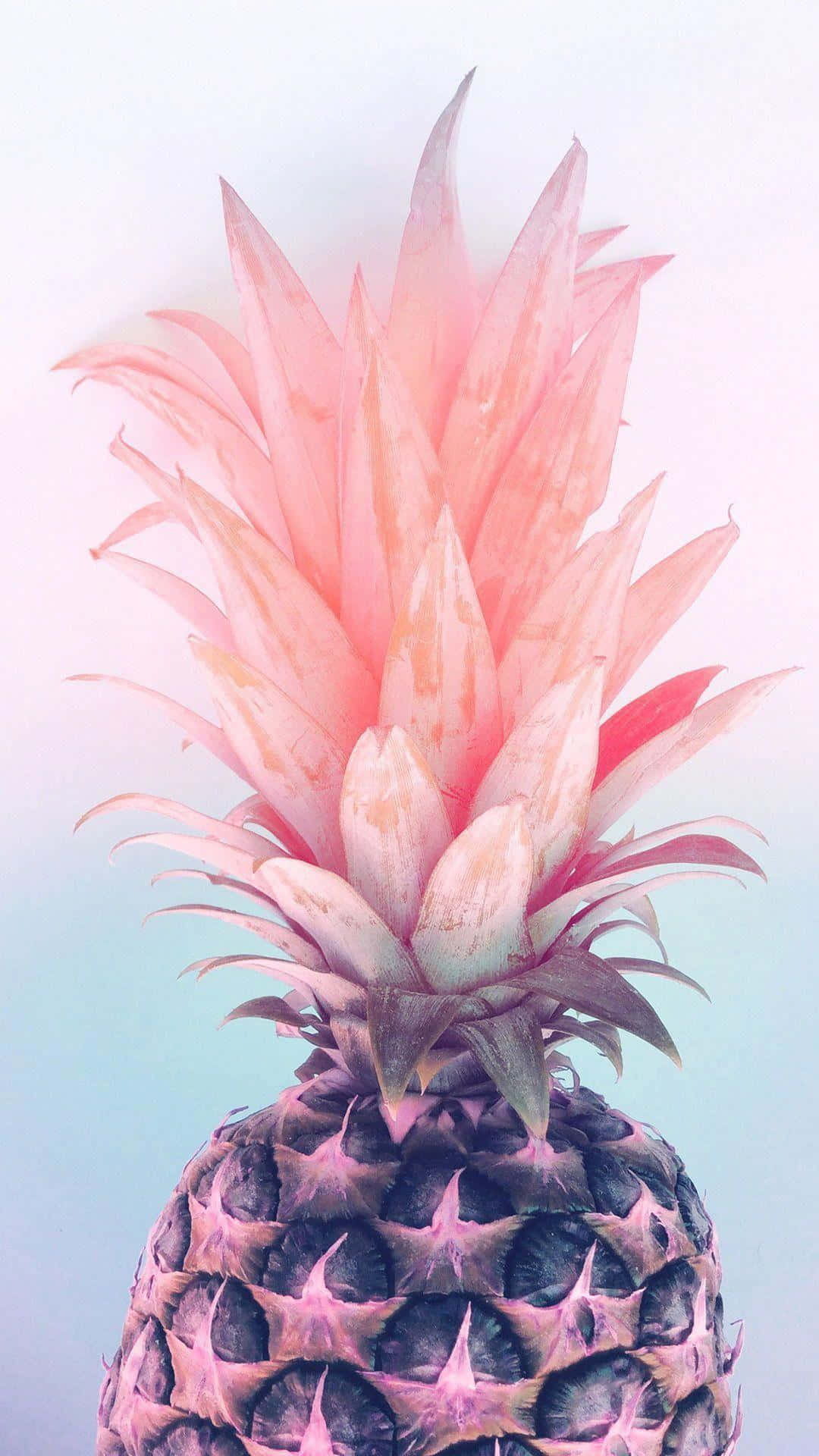 Pineapple 桌布 壁紙 — 一個充滿活力的粉紅色鳳梨，帶有漸層腮紅冠，立在柔和的粉藍色背景前。