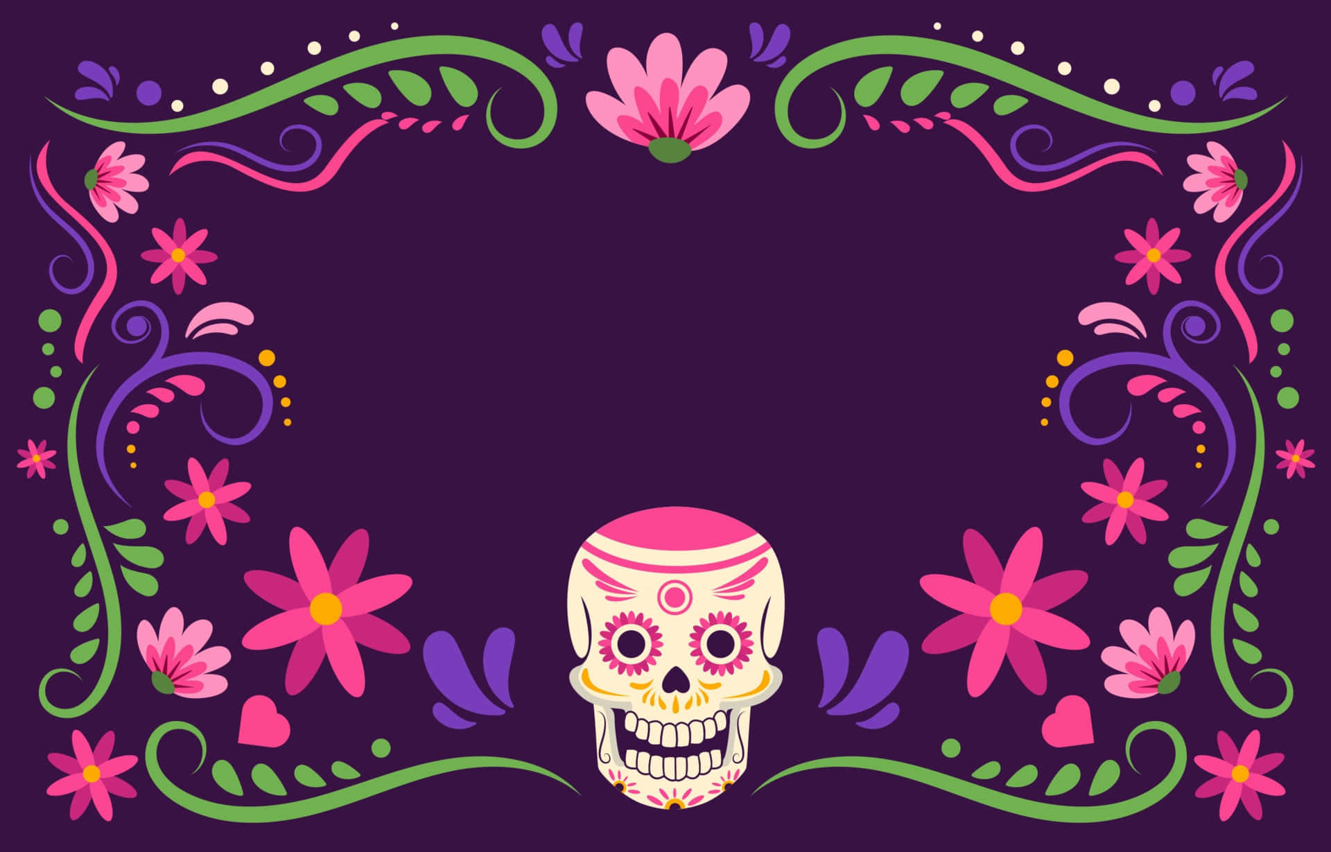 Dia De Los Muertos 桌布 壁紙 — 一個充滿活力的糖骷髏頭，置於花卉邊框中央，背景為深紫色。