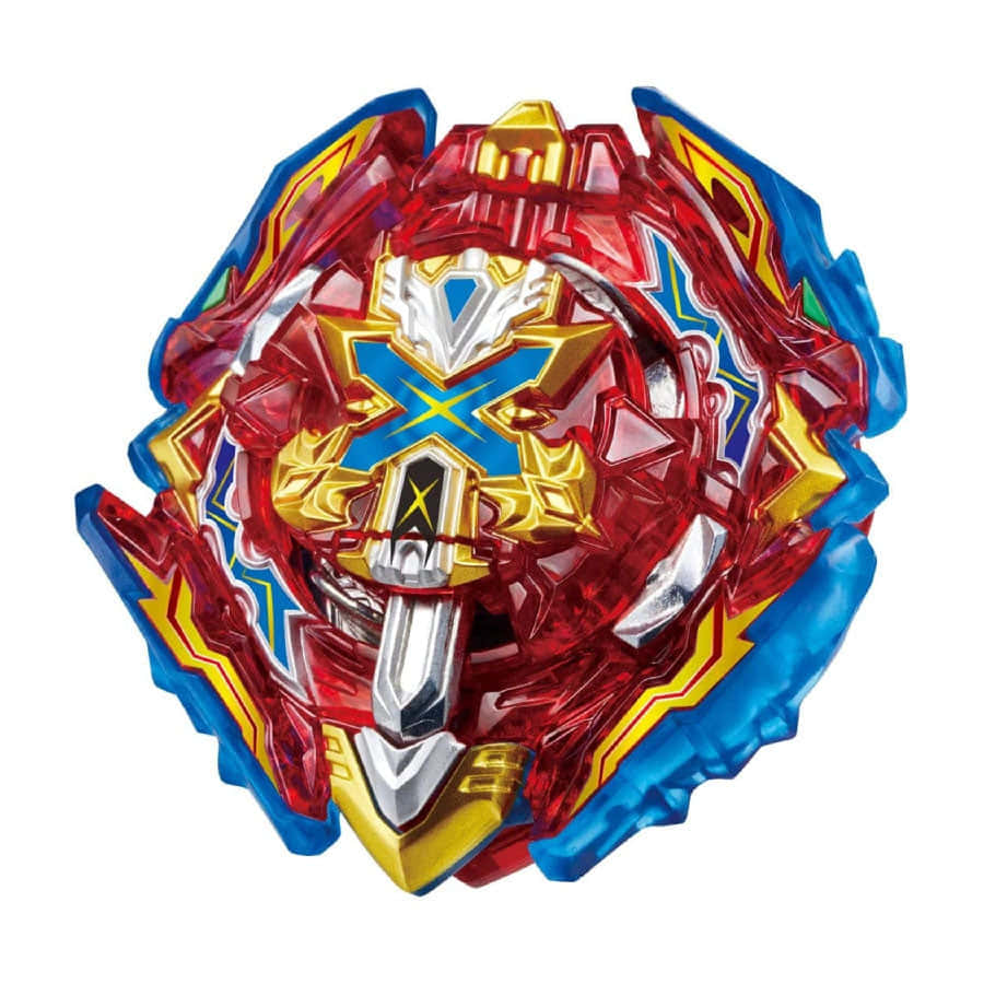 Beyblade Burst 桌布 壁紙 — 一個充滿活力的紅、藍、金色Beyblade，帶有複雜的金屬細節和銳利的棱角設計。