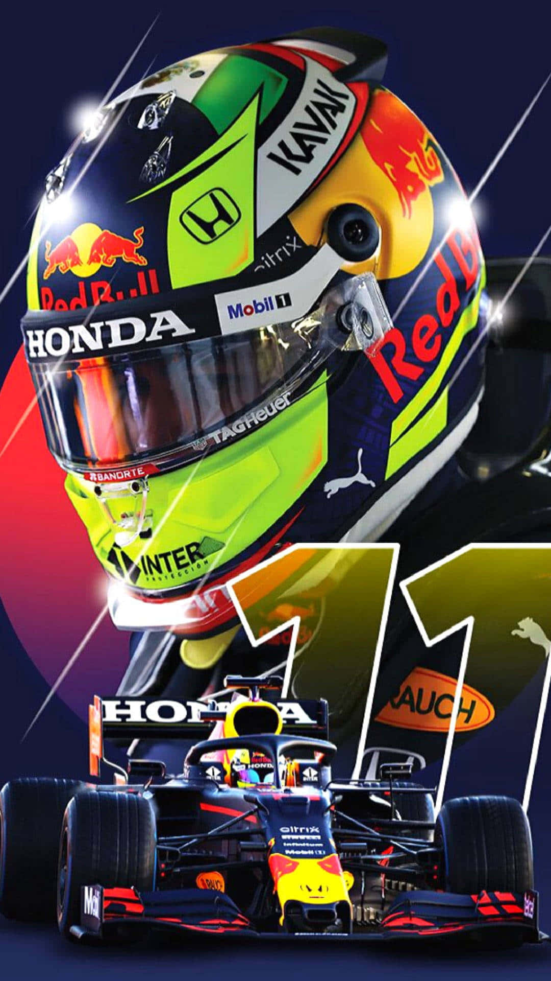 Formula 1 iPhone 桌布 壁紙 — 一個充滿活力的紅牛車隊一級方程式頭盔和賽車，帶有11號和贊助商標誌，背景為深色，帶有發光的燈光條紋。