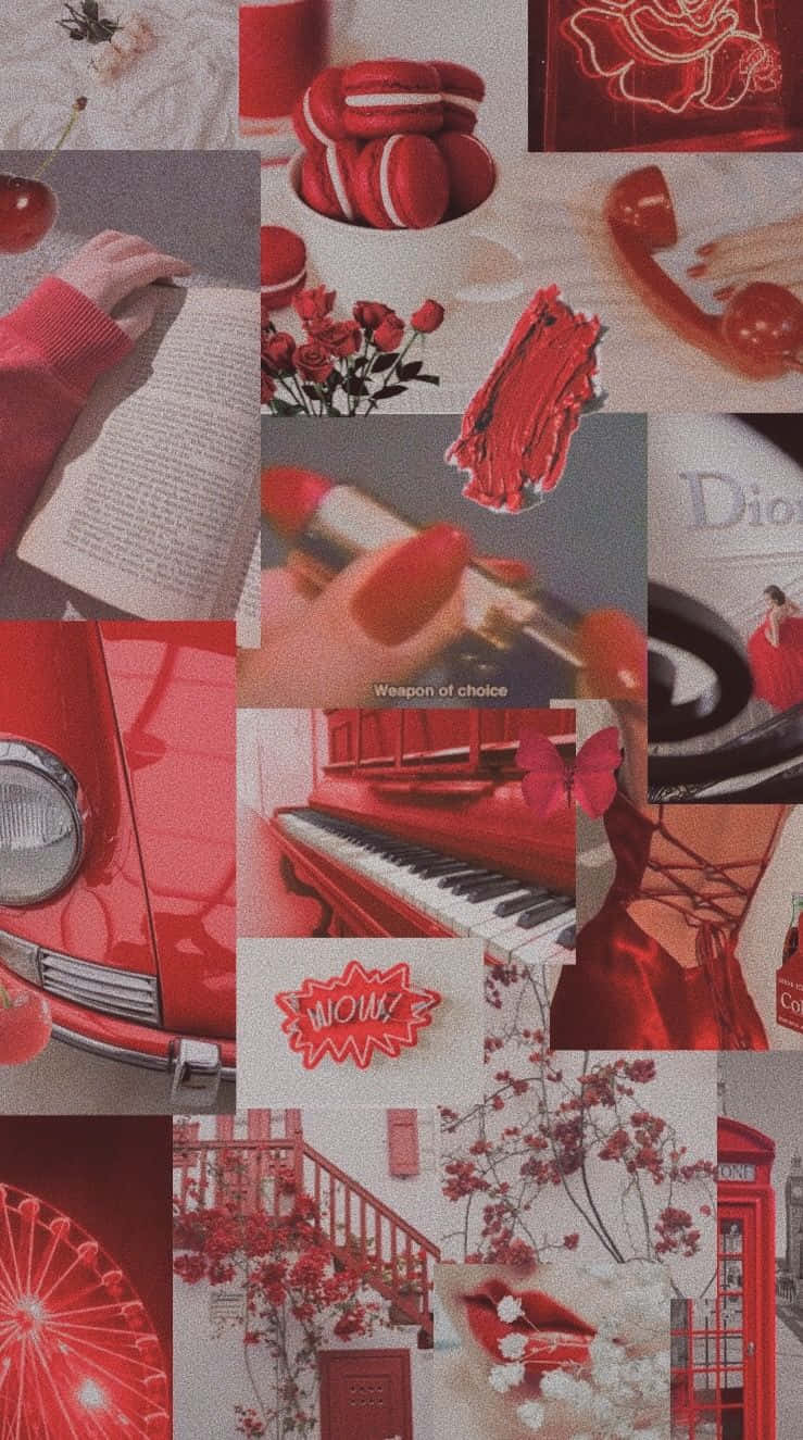 Red And White 桌布 壁紙 — 一個充滿活力的紅色主題拼貼畫， featuring 馬卡龍、玫瑰、唇膏、一輛紅色汽車和一部鋼琴，配以櫻花和一部復古電話。