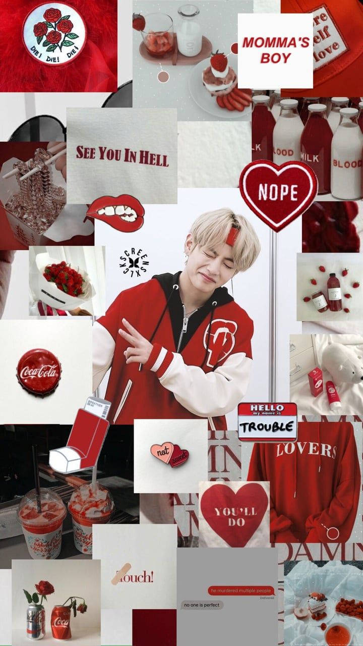 Kpop Aesthetic 桌布 壁紙 — 一個充滿活力的紅色主題拼貼畫，中央人物穿著紅色外套，周圍環繞著可口可樂物品、玫瑰和粗體文字短語，如「NOPE」和「SEE YOU IN HELL」。