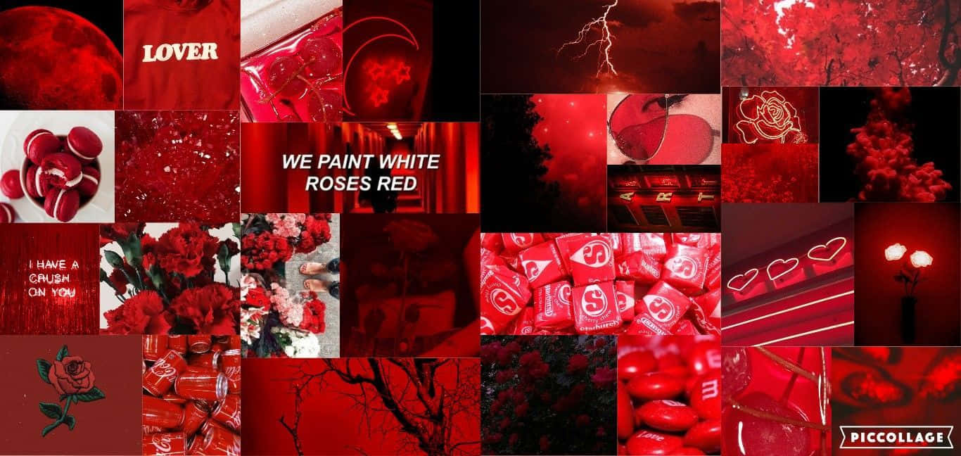 Red Collage 桌布 壁紙 — 一個充滿活力的紅色主題拼貼畫，以玫瑰、糖果心和閃電為特色，背景為單色深紅色。