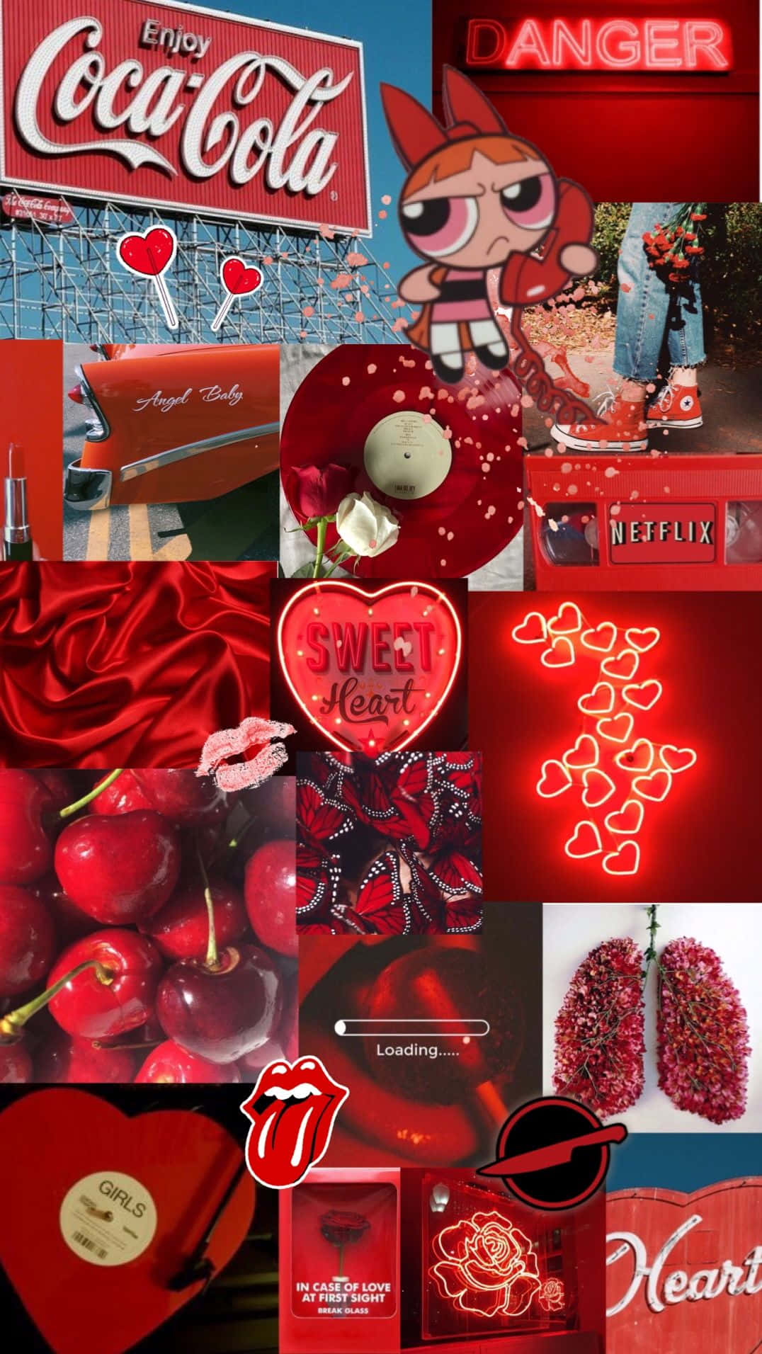 Pastel Red Aesthetic 桌布 壁紙 — 一個充滿活力的紅色主題拼貼畫，包含可口可樂標誌、飛天小女警、櫻桃、心形和流行文化圖標。