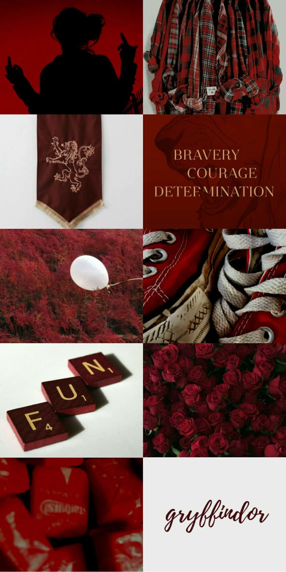 Gryffindor Aesthetic 桌布 壁紙 — 一個充滿活力的紅色主題拼貼畫，包含葛萊芬多標誌，包括獅子旗幟、運動鞋、玫瑰和拼出「fun」的Scrabble字母牌，背景為大膽的深紅色。