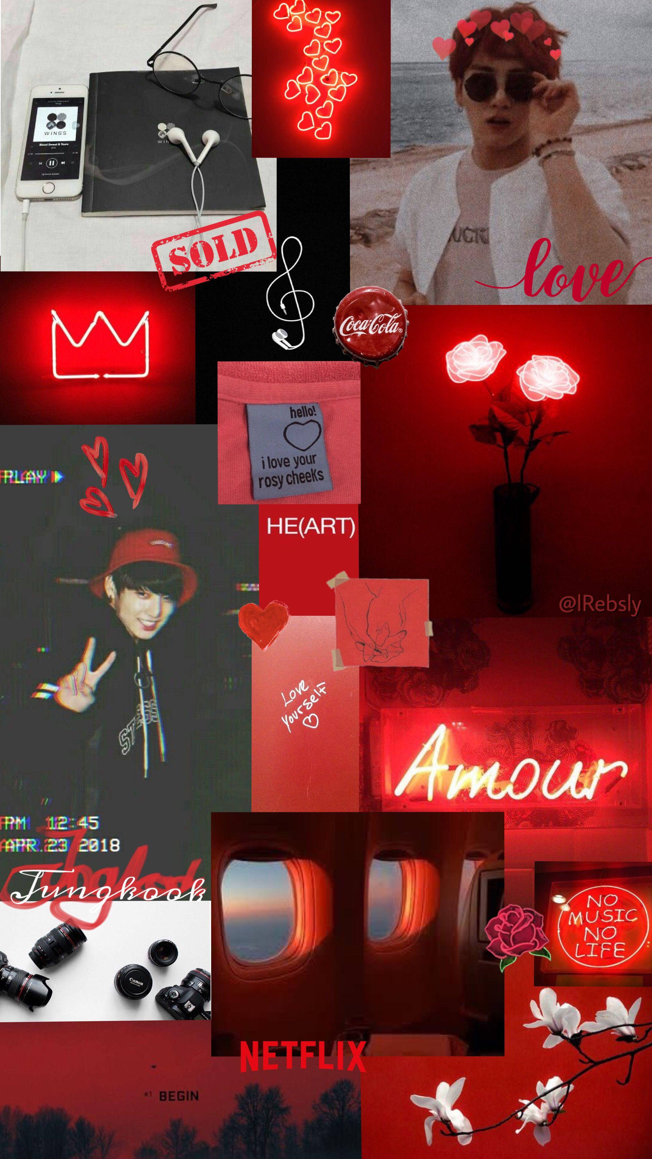 Jungkook Aesthetic 桌布 壁紙 — 一個充滿活力的紅色主題拼貼畫，包含霓虹燈牌、音樂、相機和名人照片，帶有浪漫和流行文化元素。