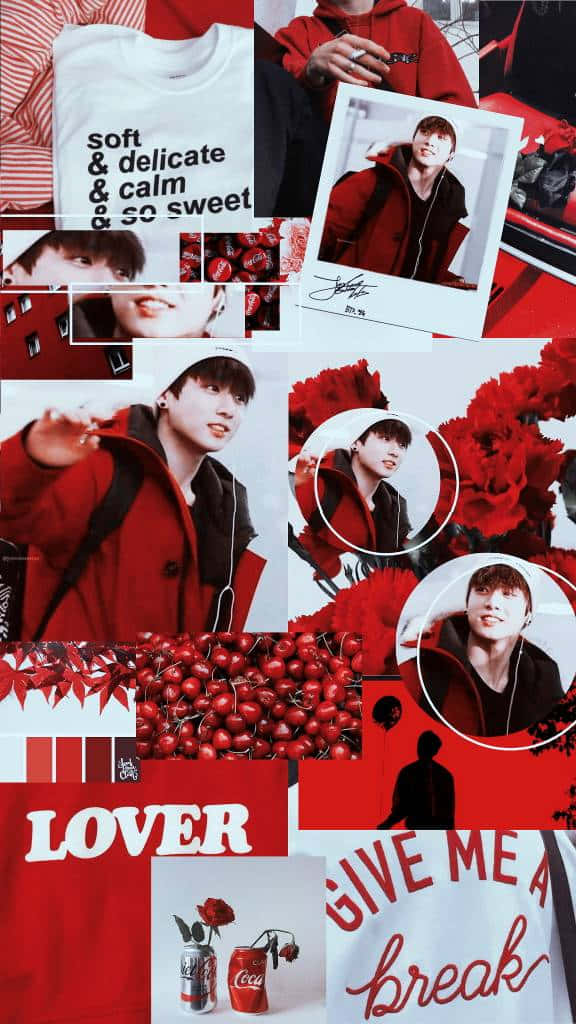 Soft Red Aesthetic 桌布 壁紙 — 一個充滿活力的紅色主題拼貼畫，包含一位年輕男子、櫻桃、玫瑰和可口可樂罐的照片，並帶有浪漫的文字疊加。