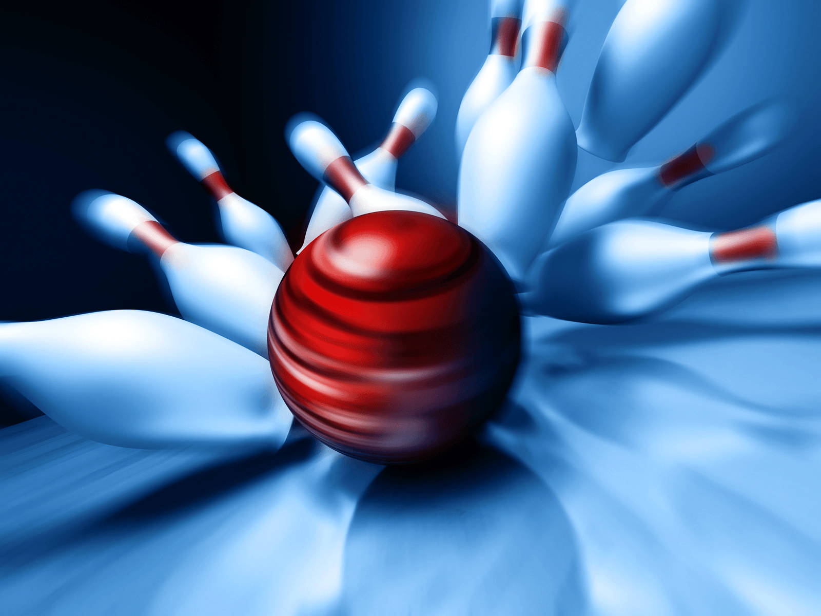 bowling pin 桌布 壁紙 — 一個充滿活力的紅色保齡球在動態的藍色燈光場景中擊碎白色球瓶。