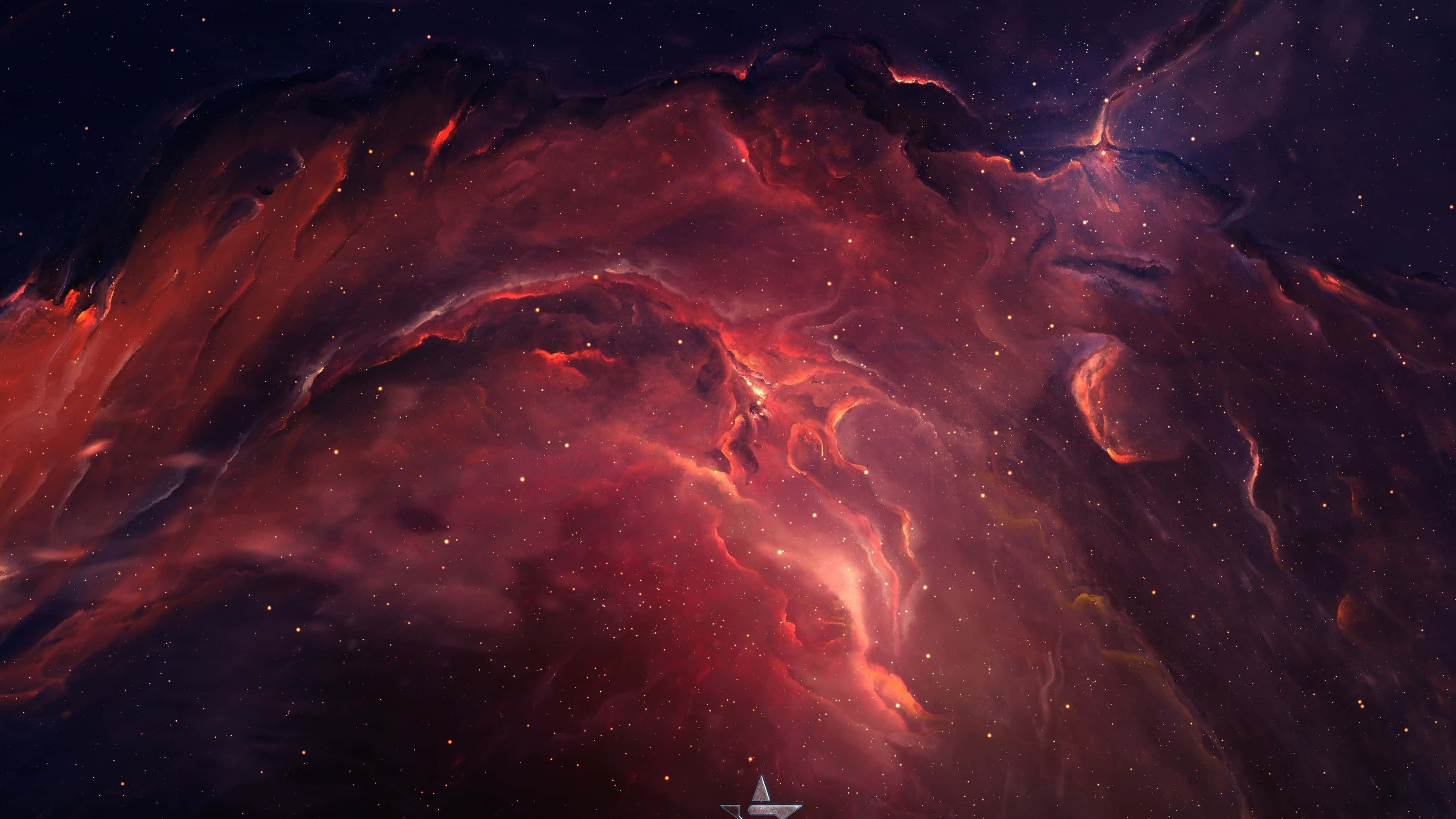 桌布 壁紙 — 一個充滿活力的紅色和橙色星雲，帶有發光的絲狀結構和深邃的太空陰影，在繁星點點的宇宙中旋轉。