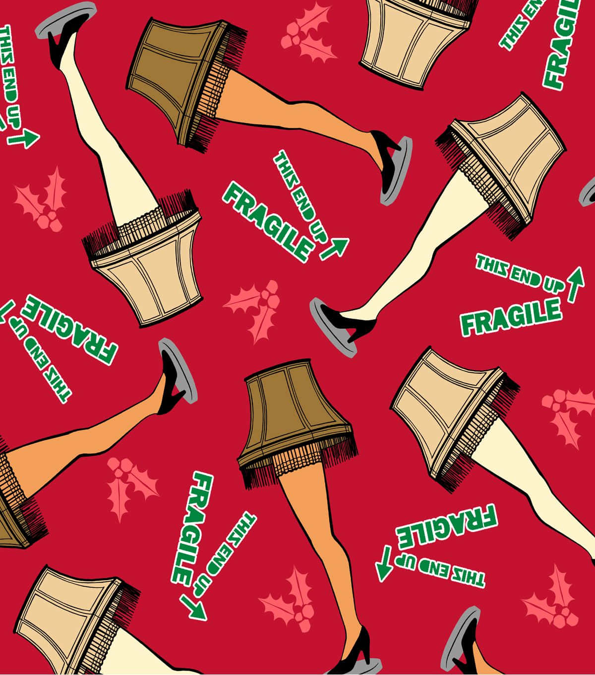a christmas story 桌布 壁紙 — 一個充滿活力的紅色圖案， featuring 卡通腿穿著米色裙子和黑色高跟鞋，帶有 'FRAGILE' 標籤和冬青裝飾。