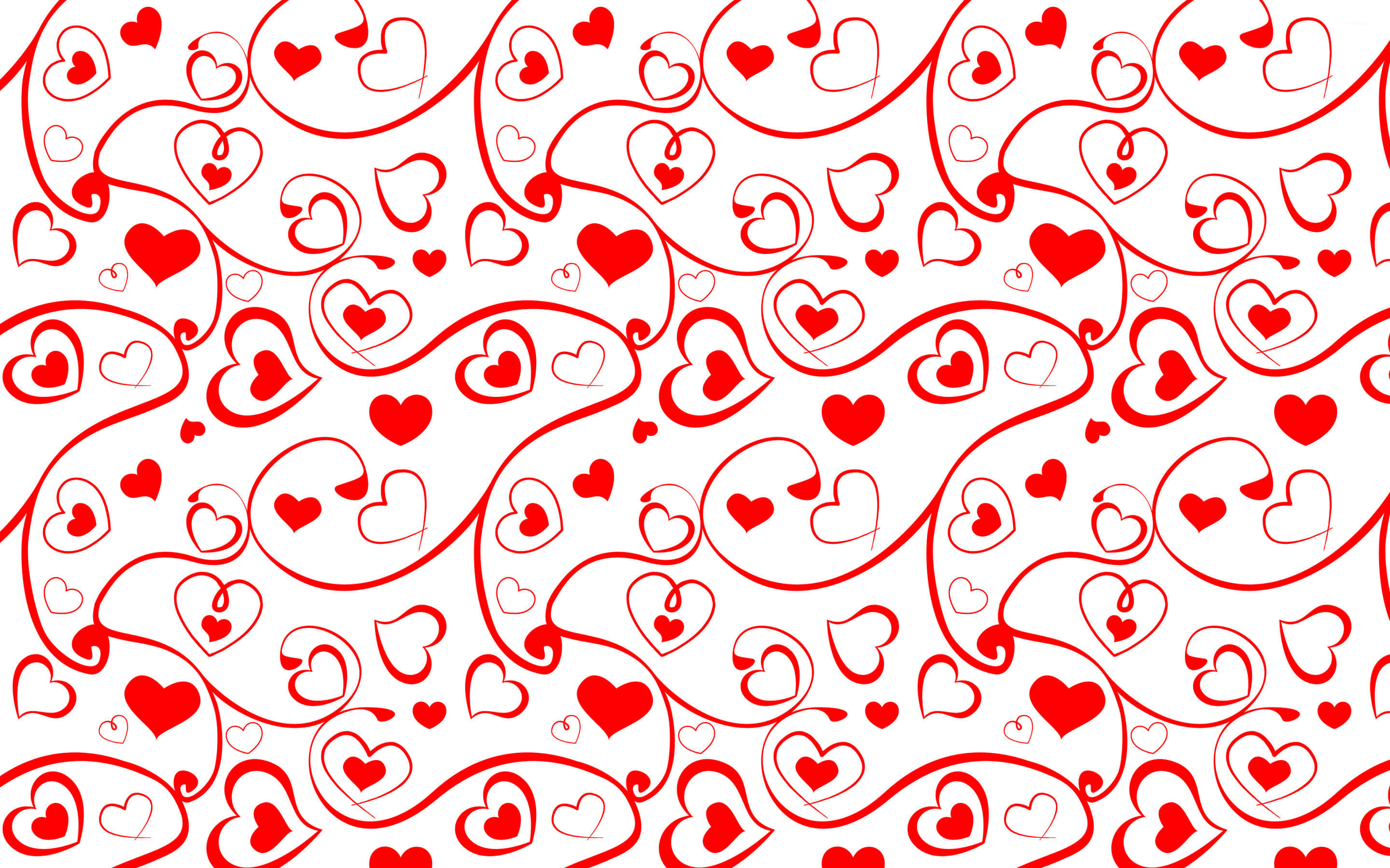 Heart Pattern 桌布 壁紙 — 一個充滿活力的紅色心形圖案在純白色背景上以重複的裝飾設計旋轉。