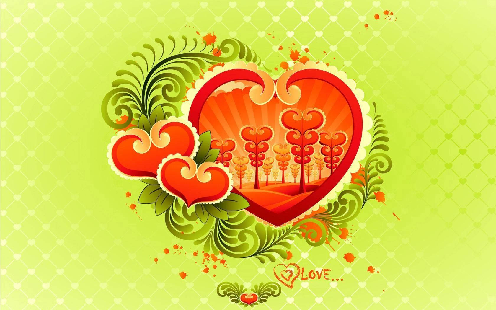 Green Heart 桌布 壁紙 — 一個充滿活力的紅色心形景觀，帶有風格化的樹木和旋轉的綠色樹葉，背景是淺綠色圖案。
