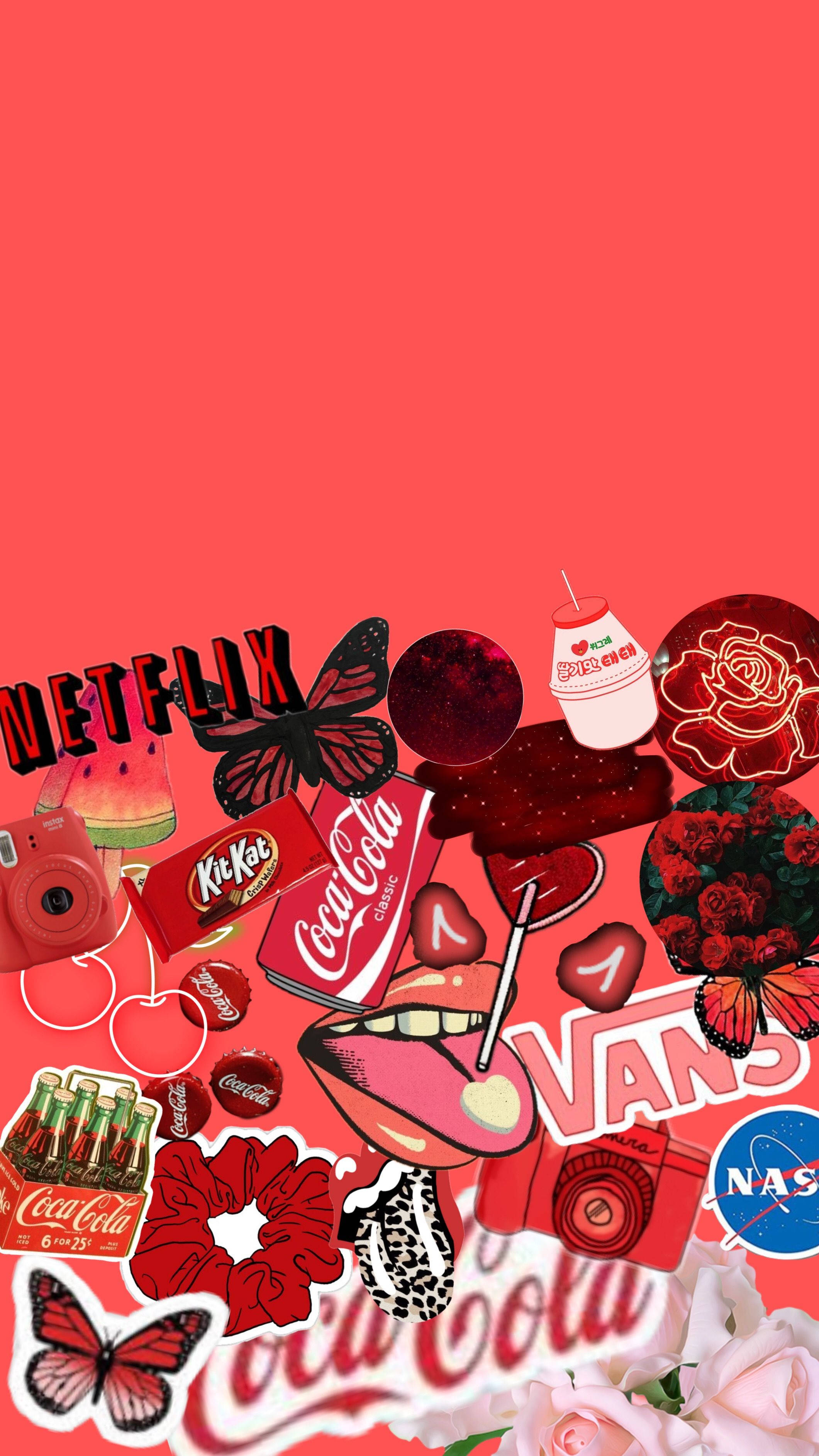 美學 桌布 壁紙 — 一個充滿活力的紅色拼貼畫，包含可口可樂、Vans 和 Netflix 等流行文化圖標，背景為純珊瑚色。