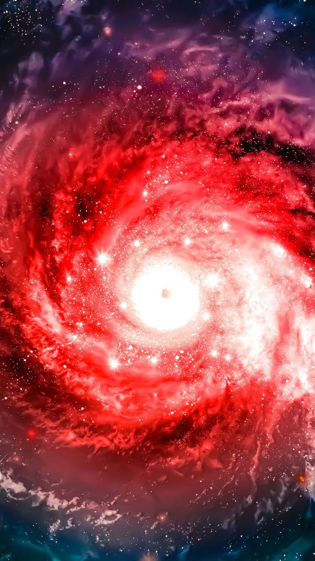 Red Space 桌布 壁紙 — 一個充滿活力的紅色螺旋星系，在深邃的太空背景下旋轉，閃爍著星星和宇宙塵埃。