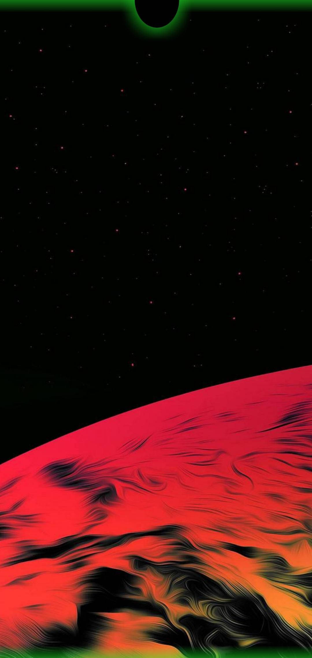 外太空 桌布 壁紙 — 一個充滿活力的紅色行星，帶有旋轉的黑色和橙色雲層，在繁星點點的黑色天空下彎曲，上方有一顆發光的綠色環狀衛星。