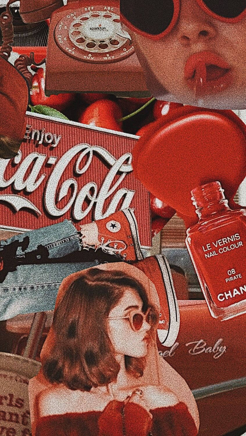 vintage 90s aesthetic 桌布 壁紙 — 一個充滿活力的紅色調拼貼畫， featuring 一位戴太陽眼鏡的女性、復古電話、可口可樂罐、指甲油和運動鞋。