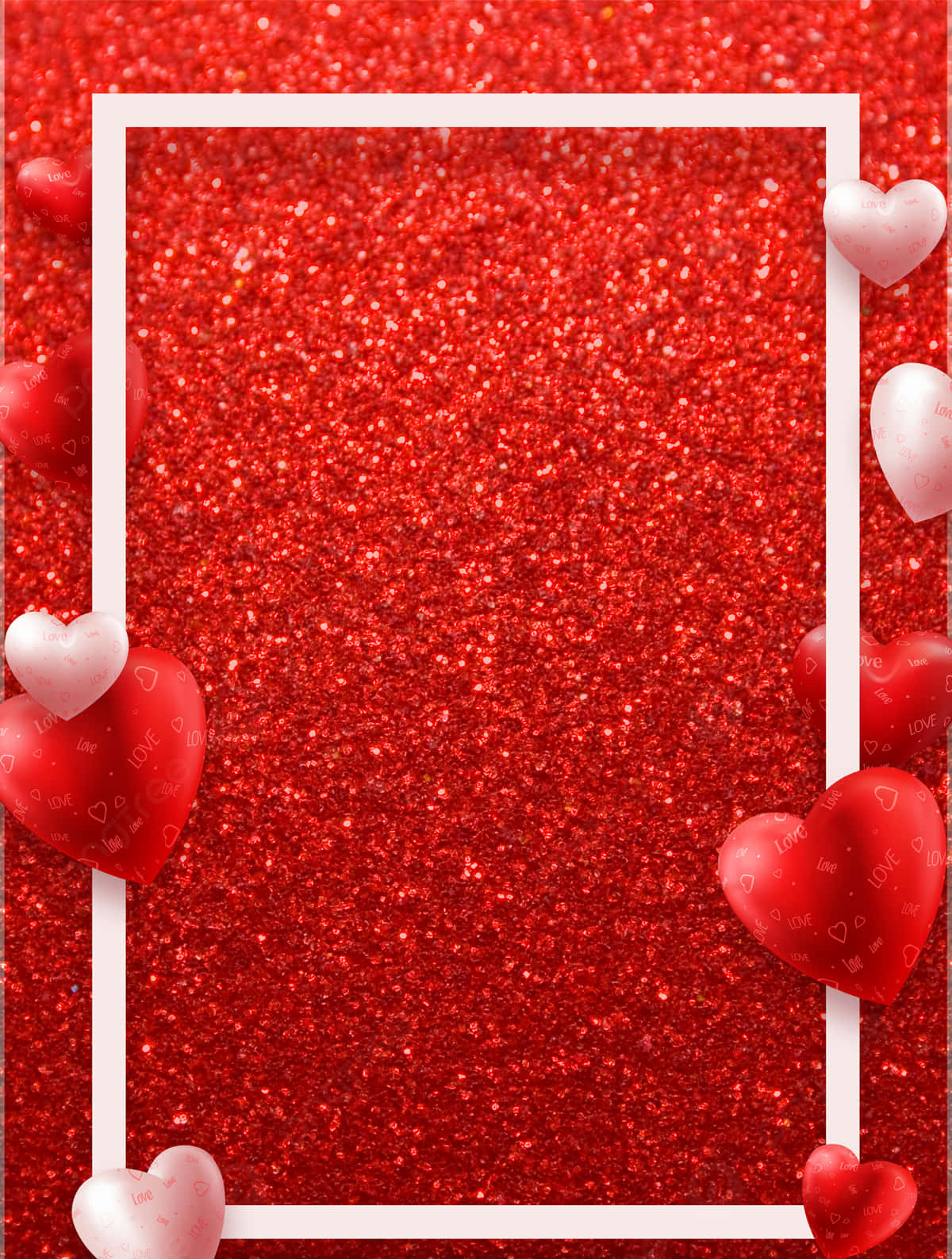 Romantic Love 桌布 壁紙 — 一個充滿活力的紅色閃粉背景，以白色邊框框住，並有光澤的紅色和白色心形。