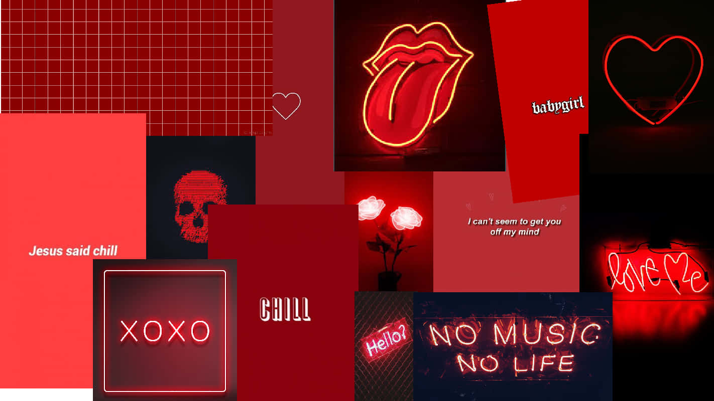 Red Collage 桌布 壁紙 — 一個充滿活力的紅色霓虹拼貼，包含嘴唇和心臟等標誌性符號，以及「no music no life」和「xoxo」等短語，背景為深色。