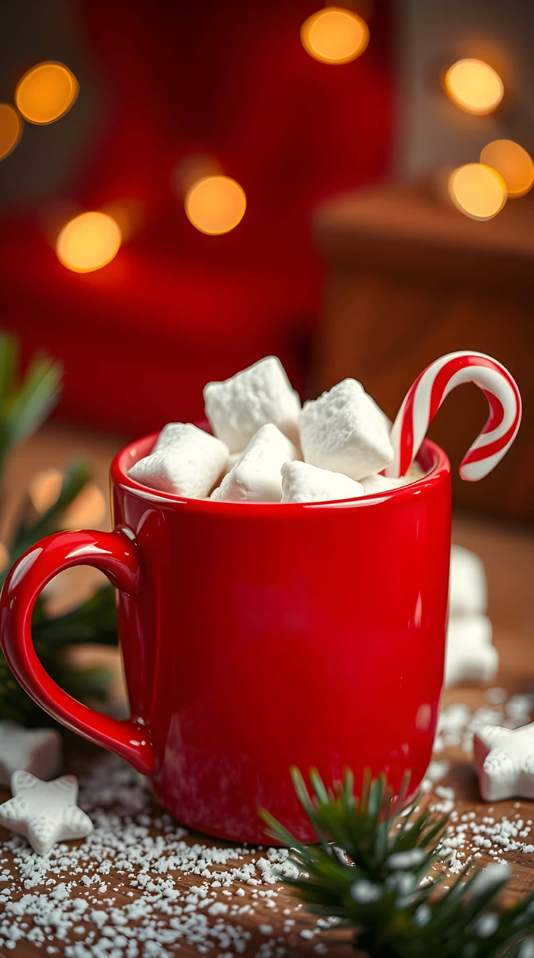 Cozy Red Mug with Marshmallows and Candy Cane Christmas Wallpaper 4K 壁紙 — 一個充滿活力的紅色馬克杯，裝滿了蓬鬆的白色棉花糖和一根拐杖糖，背景是溫暖的散景。