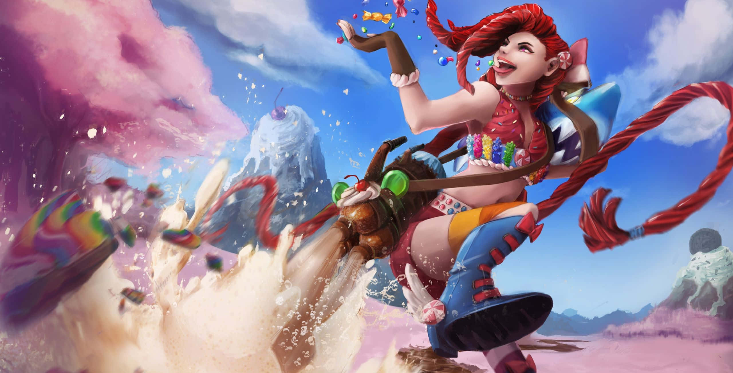 Jinx 桌布 壁紙 — 一個充滿活力的紅髮動漫女孩，駕駛著糖果主題的車輛，穿越超現實的粉藍色沙漠景觀。
