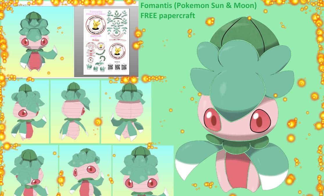 寶可夢 桌布 壁紙 — 一個充滿活力的紙藝模板，用於寶可夢Fomantis，包含組裝步驟和一個在發光綠色背景上的大型3D模型。