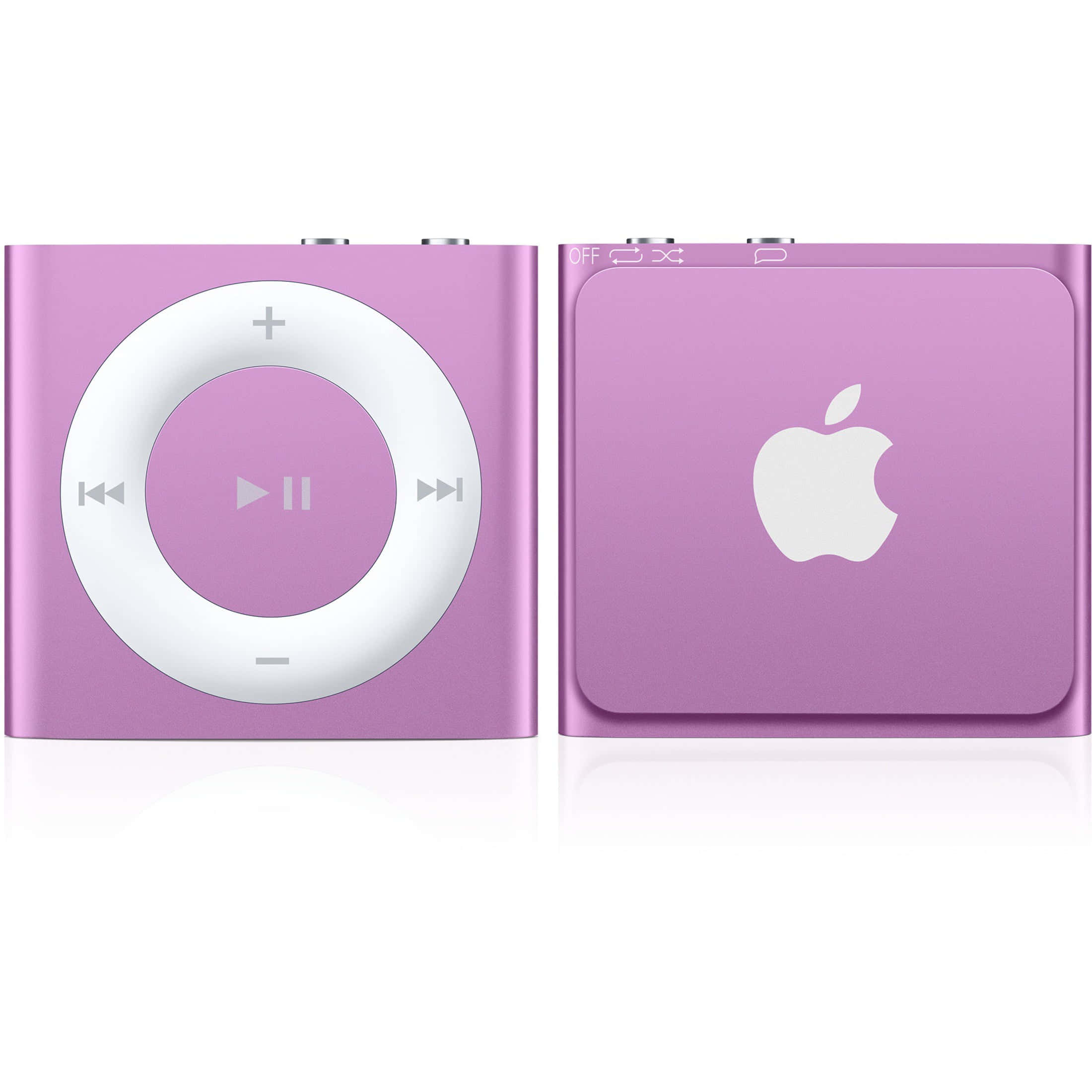 Music Player 桌布 壁紙 — 一個充滿活力的紫色 iPod shuffle，正面和背面展示在乾淨的白色背景上。