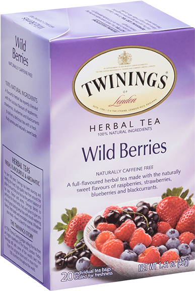 茶 桌布 壁紙 — 一個充滿活力的紫色Twinings花草茶盒，碗裡裝滿了新鮮的野生漿果，包括草莓、覆盆子、藍莓和黑醋栗。