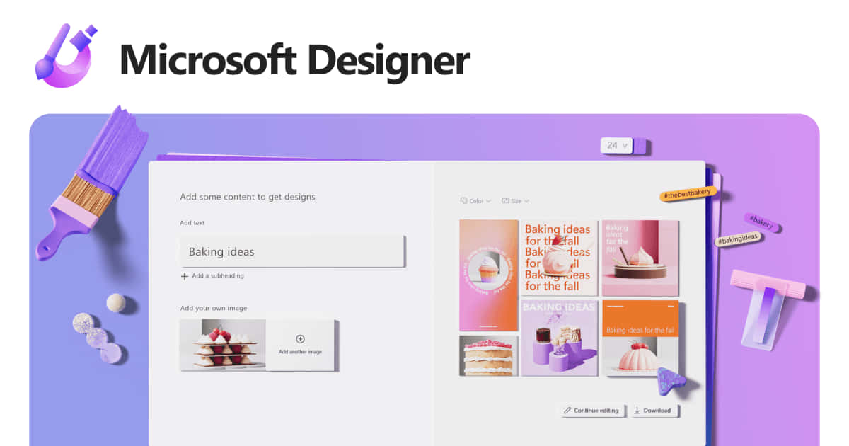 Microsoft Designer 應用程式介面顯示烘焙設計模板，並帶有漂浮的創意工具。 — Microsoft 壁紙