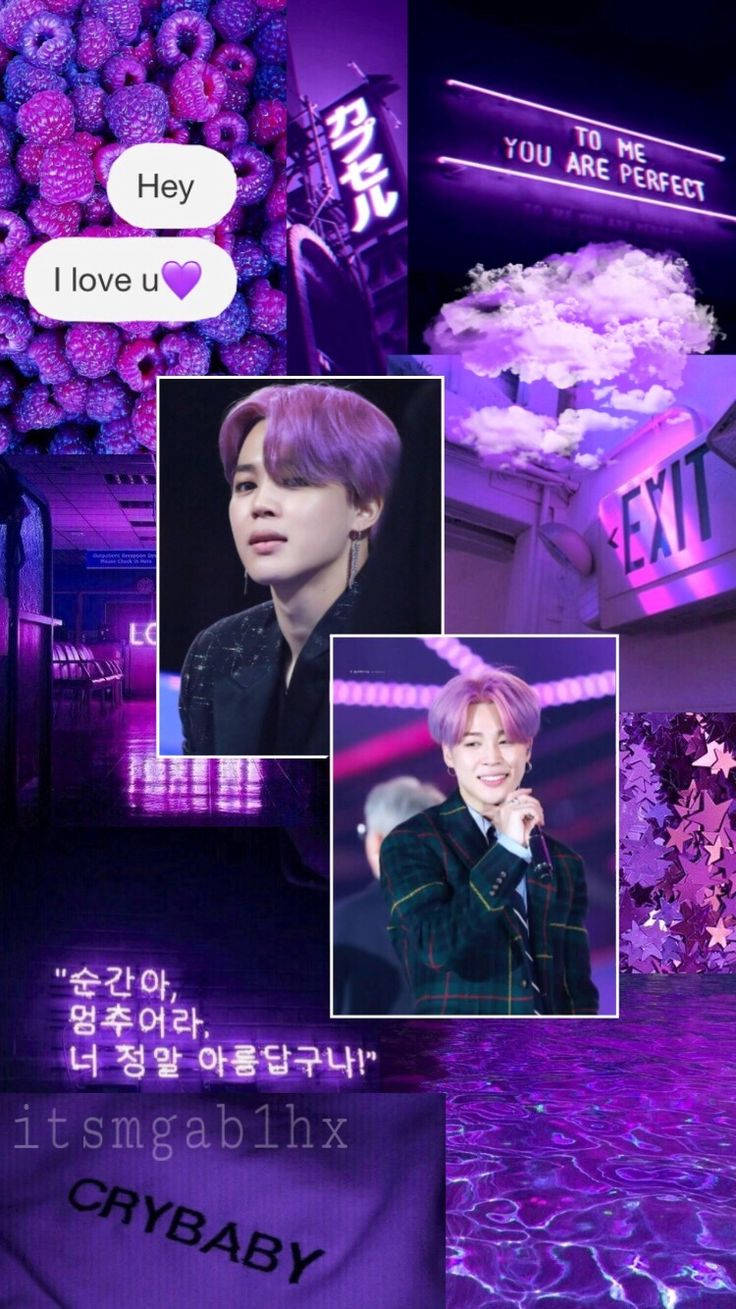 Bts Aesthetic 桌布 壁紙 — 一個充滿活力的紫色主題拼貼畫， featuring 一個K-pop偶像的表演和隨拍照片、霓虹燈牌和浪漫文字疊加。