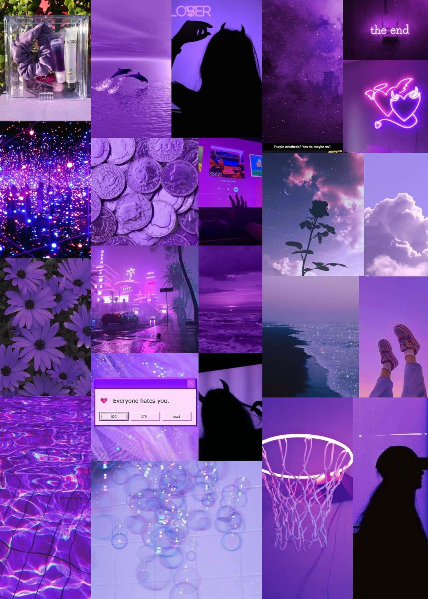 Purple Collage 桌布 壁紙 — 一個充滿活力的紫色主題拼貼畫， featuring 剪影、發光的霓虹心、海浪、硬幣、花朵和一個籃球框，在夢幻般的燈光下。