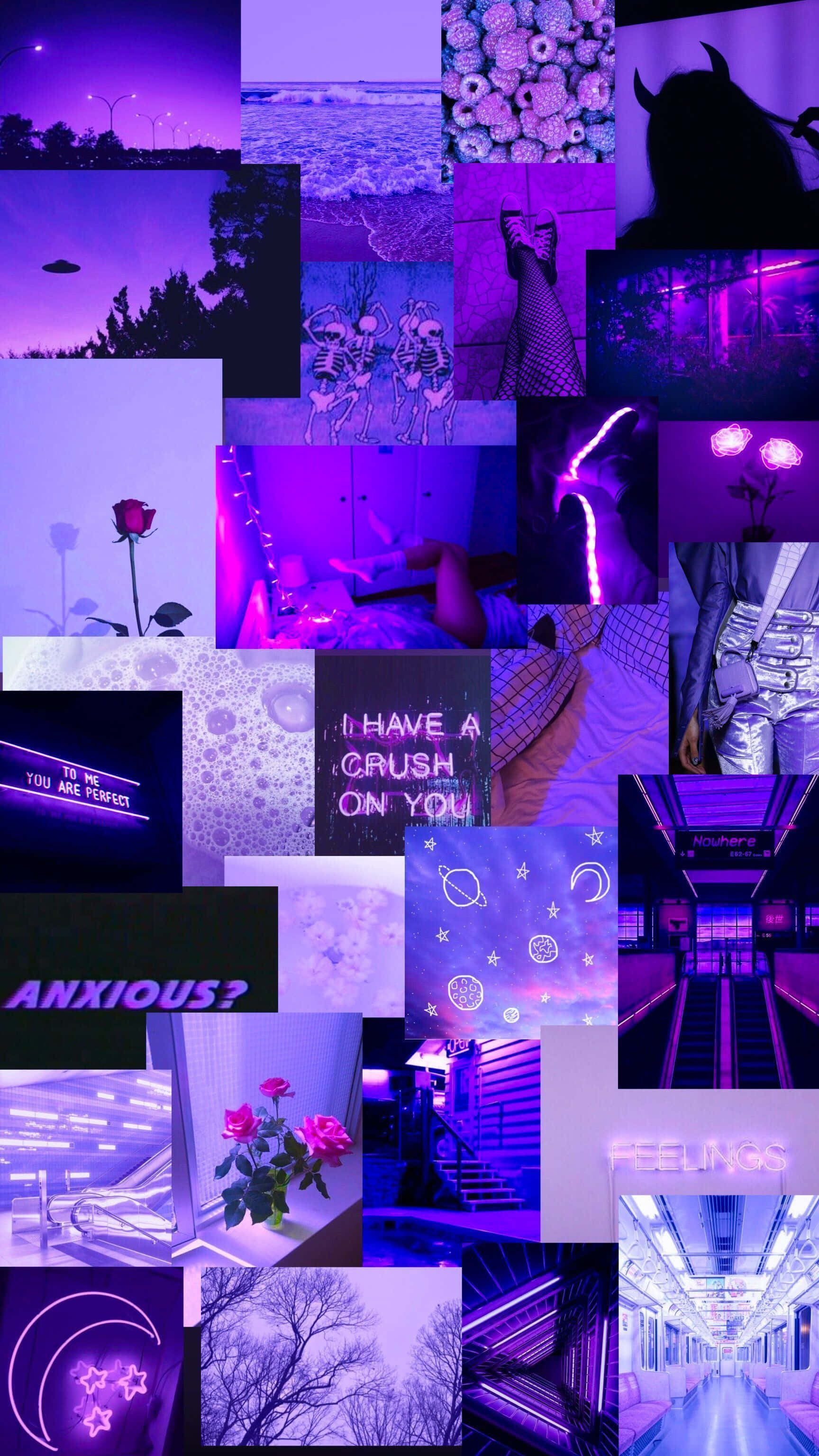 Purple Aesthetic iPhone 桌布 壁紙 — 一個充滿活力的紫色主題拼貼畫， featuring 霓虹燈牌、玫瑰、骷髏頭和發光燈光，營造夢幻美學。