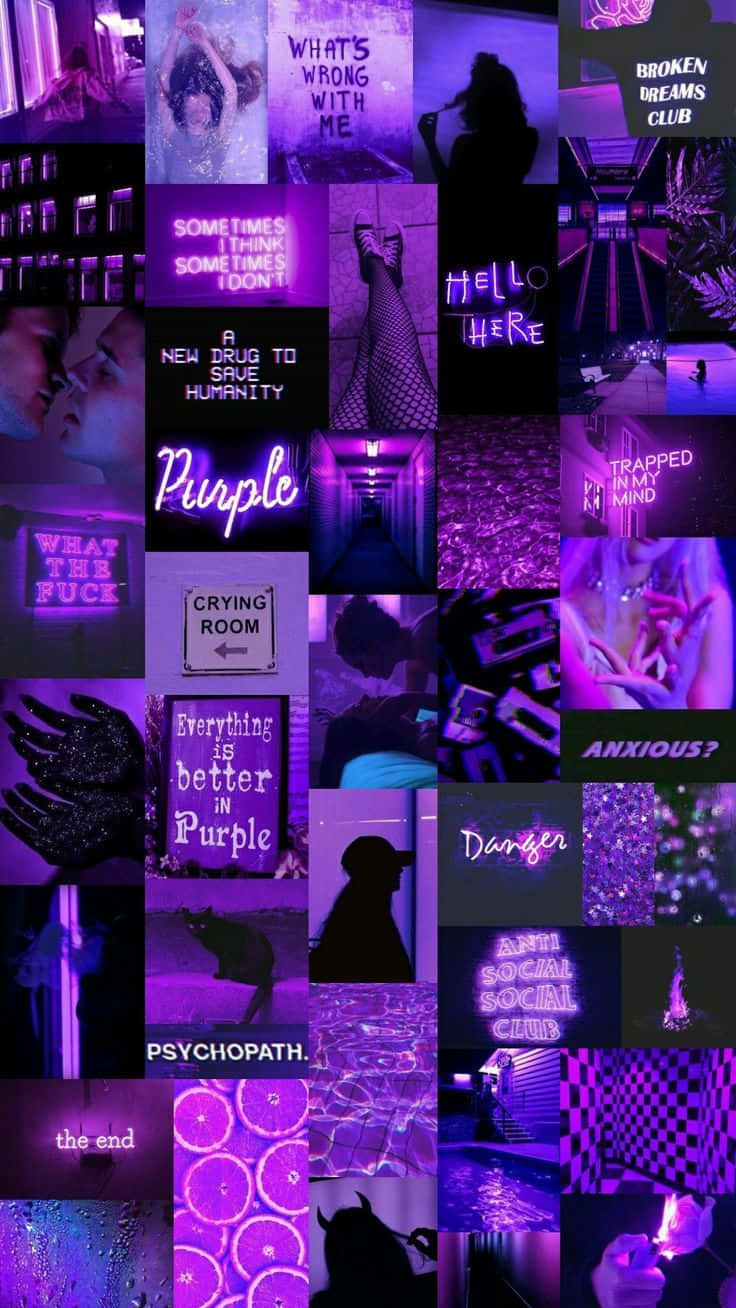 Neon Lights Aesthetic 桌布 壁紙 — 一個充滿活力的紫色主題拼貼畫， featuring 霓虹燈牌剪影和文字疊加，傳達情感強度和城市夜生活。